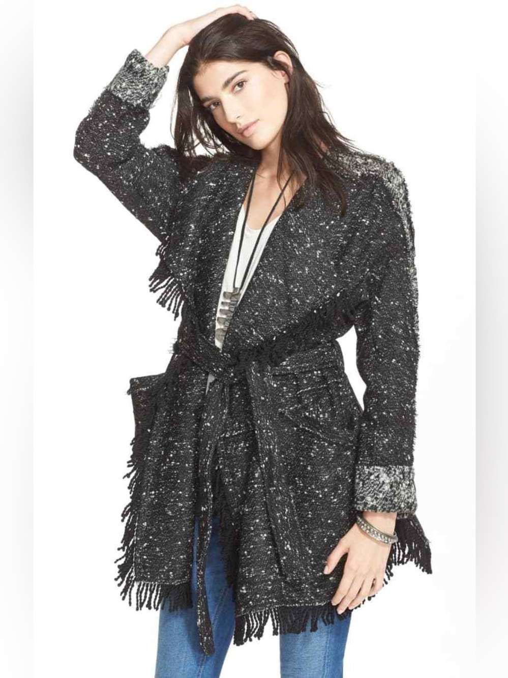 Free People Women's XS Fringe Wrap Blanket Coat Jacket Tie Waist Black Combo